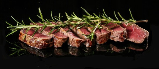 Poster - A sliced beef steak garnished with a sprig of rosemary stands alone on a black backdrop offering ample copy space image