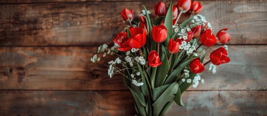 Canvas Print - Top view of a vibrant red tulip bouquet contrasting against a wooden backdrop with red and white blooms perfect for adding text in the copy space image