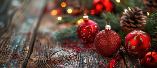 Poster - Festive Christmas scene with ornaments and baubles arranged on a wooden table featuring copy space image