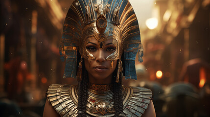 blue and gold headdress with ornate details worn by female pharaoh in ancient egyptian civilization 