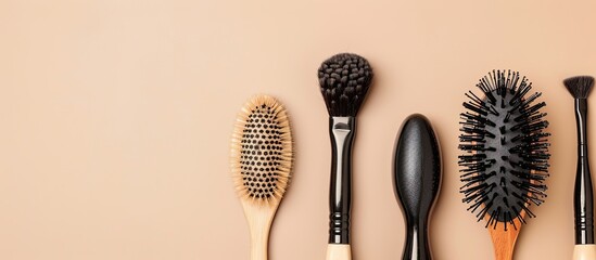 Sticker - Hair stylist s brushes with spray on beige background as a copy space image