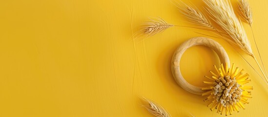 Poster - Wooden rattle and dry spikes on yellow backdrop in a top view copy space image