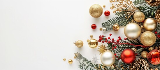 Poster - Festive Christmas theme with gold decorations on a white background ideal for a holiday greeting card or social media post with space for additional text or images