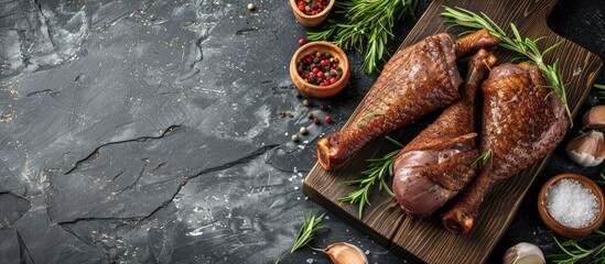 Poster - Fresh duck legs ready for making traditional French confit with a blend of rosemary garlic peppers and sea salt placed on a wooden board against a stone background with copy space image