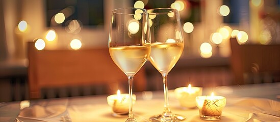 Aufkleber - Romantic date with candlelit ambiance and white wine is set featuring a copy space image