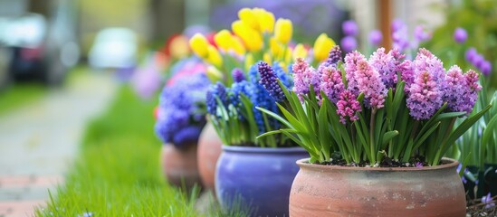 Poster - Spring flowers in lilac pots beautifully adorn the yard and street ideal for designers with a blank copy space image