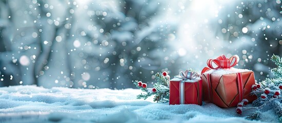Poster - Snowy winter landscape with Christmas gifts shown in a copy space image