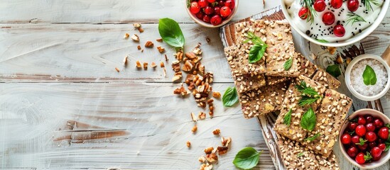 Aufkleber - White wooden table with a variety of toppings on fresh rye crispbreads and rusks in a flat lay view providing copy space image