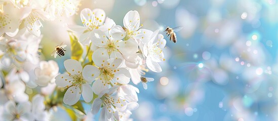 Leinwandbilder - Springtime copy space image of white cherry blossoms and bees set against a blue sky