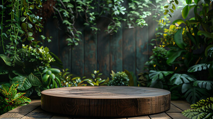 Wall Mural - there is a wooden table with a wooden surface in the middle of a garden