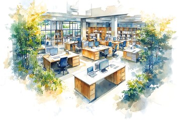 Wall Mural - Watercolor Illustration of an Office Interior with Green Plants.