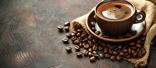 Poster - Hot coffee drink with coffee beans in a cup with copy space image
