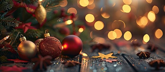 Poster - Festive Christmas and New Year theme on a wooden backdrop with a selective focus suitable for text placement in the copy space image