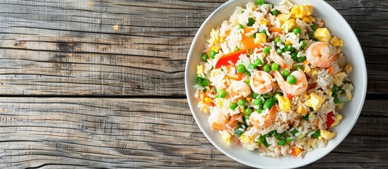 Poster - Shrimp topped egg fried rice with mixed vegetables in a white dish on a wooden background with room for text in a copy space image