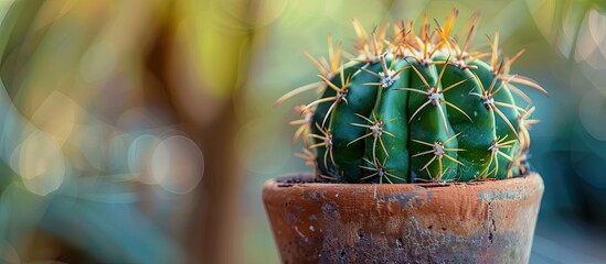 Aufkleber - Nature s beauty showcased with a close up of a green cactus in a brown pot allowing for a copy space image