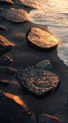 Canvas Print - Golden sunset reflecting on wet rocks on black sand beach