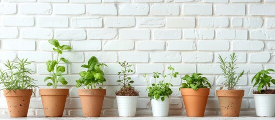 Poster - Various fragrant potted herbs displayed indoors against a white brick wall with copy space image available