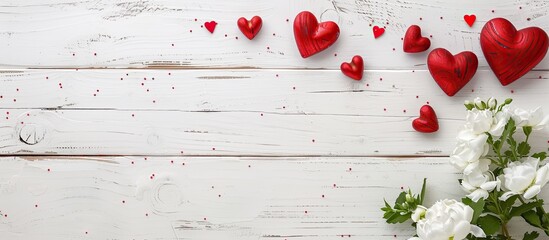 Poster - Mother s Day themed background with a greeting card and hearts on a white wooden surface Represents love and family with copy space image