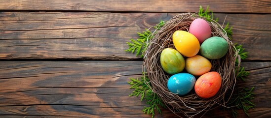 Poster - Easter eggs in a basket displayed on a wooden surface with a blank area for adding an image. Creative banner. Copyspace image