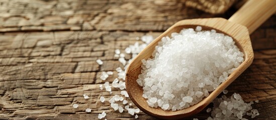 Poster - Sea salt in a wooden scoop on a wooden background with copy space image