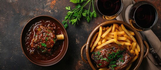 Poster - Osso buco stew with herb sauce red wine and French fries arranged appetizingly in a rustic setting on a copy space image