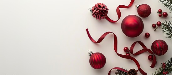 Sticker - Festive holiday decoration with ribbon and red ornaments perfect for adding joy to the season all against a serene backdrop in a copy space image