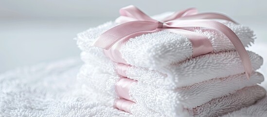 Wall Mural - A stack of clean soft towels tied with a pink ribbon creating a charming copy space image