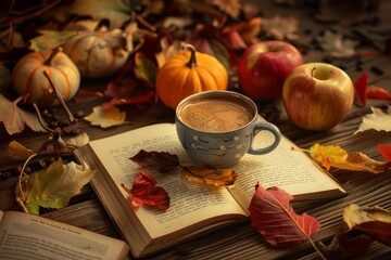 Canvas Print - Cup of coffee sits on a book surrounded by pumpkins, apples, and fall leaves