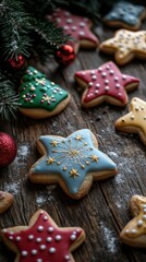 Colorful christmas cookies decorated with icing lying on a rustic wooden table