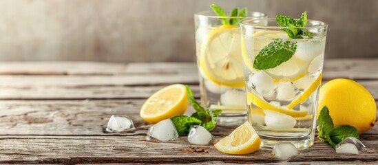 Wall Mural - Refreshing summer lemonade with lemon slices mint leaves and ice cubes in two glasses on a wooden surface accompanied by a backdrop suitable for a copy space image