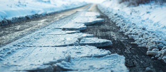 Poster - A frost covered road with a large crack provides copy space image