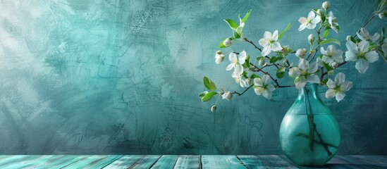 Canvas Print - Background of turquoise paper with a vase holding a bouquet of white Apple blossoms creating an abstract floral spring setting with copy space image