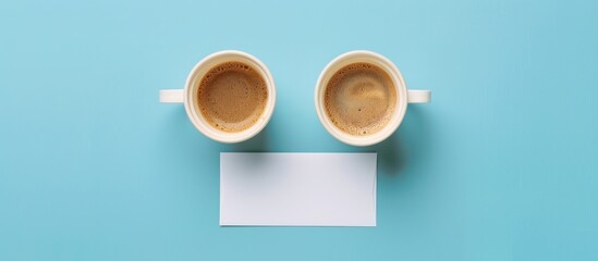Aufkleber - Mock up featuring two coffee cups and a white card on a blue backdrop ready for customization with available copy space image