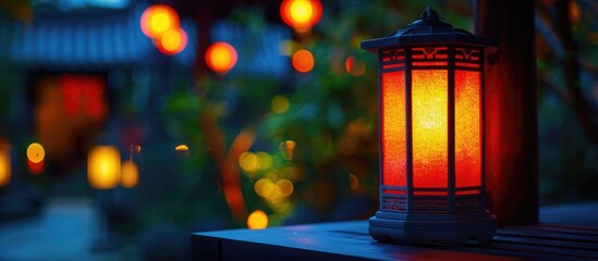 Leinwandbilder - A warm and cozy ambiance at night with a single red and yellow lantern providing a soft glow from its candle set against a blurred copy space image