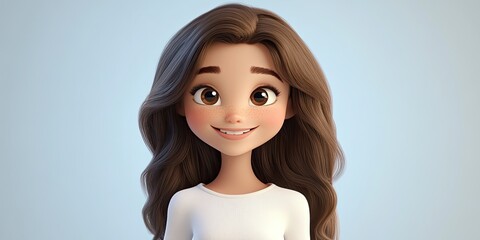 Charming 3D cartoon girl with brunette hair in a white top smiling against a bright backdrop