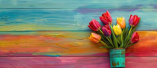 Sticker - Top down view of a vase with lovely tulips displayed on a colorful wooden table with copy space image