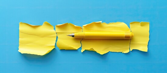 Aufkleber - Five yellow torn papers with a yellow pen on a blue backdrop providing copy space image