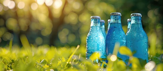 Poster - In a summer park there is a panoramic view of glass bottles of Blue Isotonik drink placed on the grass as a healthy lifestyle option with copy space for text or images
