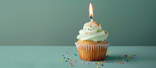 Aufkleber - A tasty cupcake with a lit candle is placed on a soft green backdrop leaving room for a message in this copy space image