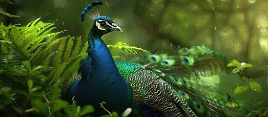 Poster - Peacock guarding greenery in its habitat with a copy space image