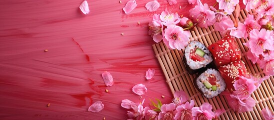 Aufkleber - Sushi maki set presented with a fresh sakura branch on a bamboo table with ample copy space image