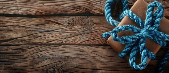 Poster - A gift with a blue braid on wooden surface showcasing a copy space image