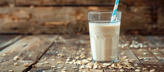 Canvas Print - A glass of oat milk with a blue paper straw on a wooden background perfect for adding text or images in the copy space image