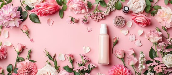 Aufkleber - Floral cosmetic products on a rose backdrop for flat lay photography with room for text or additional images
