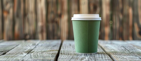 Aufkleber - Green paper disposable cup placed on wooden table with ample copy space image