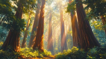 Wall Mural - Sunlight streaming through trees in magical forest