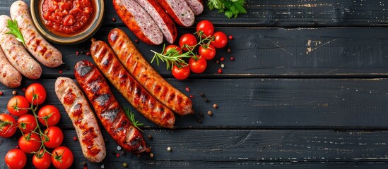 Poster - Varieties of tasty sausages sauce and tomatoes arranged on a black wooden table in a flat lay composition leaving room for text in the copy space image