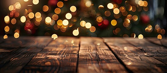 Aufkleber - A wooden table with a blurred Christmas tree background adorned with twinkling lights serves as a festive holiday setting for product display or montages with copy space image