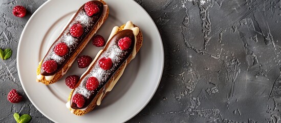 Aufkleber - Top view image of eclair cakes on a white plate with copy space image