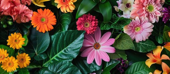 Poster - Various vibrant flowers of different hues are displayed in this captivating photo with fresh blossoms and lush green leaves enhancing the beauty of the image s copy space